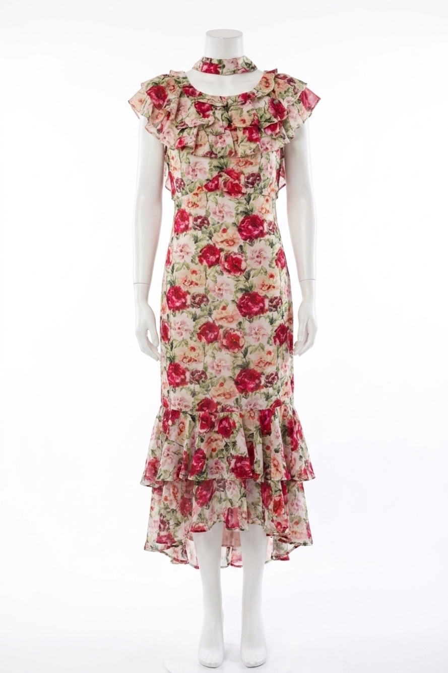 NEW SOFIE THE LABEL pamela floral ruffle midi dress in red